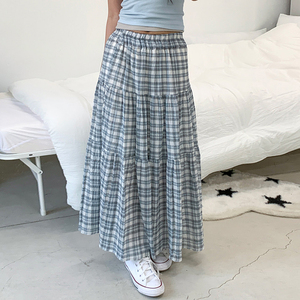 Falda Larga a Cuadros Estilo Académico Retro, Cintura Alta Elástica, Corte en A, Juvenil, Versátil - Product Image 2