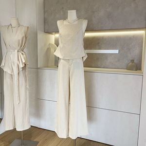 Set di <span class=keywords><strong>lino</strong></span> da <span class=keywords><strong>donna</strong></span> senza maniche Crop Top di alta qualità con lacci <span class=keywords><strong>larghi</strong></span> <span class=keywords><strong>pantaloni</strong></span> due pezzi - Product Image 1