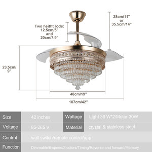 42-inch pha lê LED Trần núi đèn vô hình có thể thu vào người hâm mộ trắng điều khiển từ xa chuyển đổi cho nhà bếp phòng ngủ nhà chiếu sáng - Product Image 5