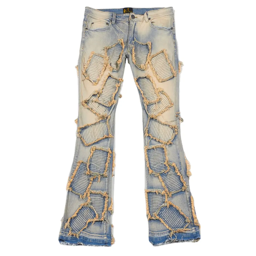 Custom Heren Vintage Denim Hiphop Gewassen Geborduurde Distressed Broek Flare Gestapelde Jeans