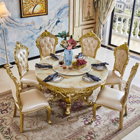 Europäischer Esstisch mit Plattenspieler-Marmor-Esstisch-Satz runder handgearbeiteter geschnitzter Esstisch mit 6 und 8 Personen Sitzen