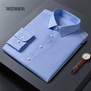 <span class=keywords><strong>Chemise</strong></span> habillée bleue en coton avec bouton sans repassage et logo brodé personnalisé pour hommes d'affaires chemises d<span class=keywords><strong>éco</strong></span>ntractées de bureau d'été en tricot à manches longues - Product Image 2