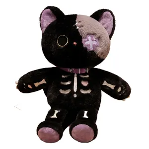 新设计骷髅猫玩具刺绣骷髅毛绒站立猫害怕填充动物玩具