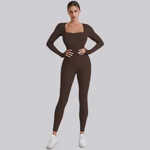 Women Jumpsuits Playsuits Butt Lift Workout Yoga Bodysuit Workout Ribbed Long Sleeve Sport Yoga Jumpsuits