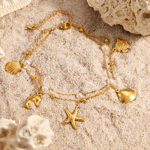 Tobillera de Doble Capa con Temática Oceánica, con Dijes de Perla, Concha y Estrella de Mar, Chapada en Oro, de Acero Inoxidable, Estilo Vacaciones en la Playa para Mujer - Product Image 2