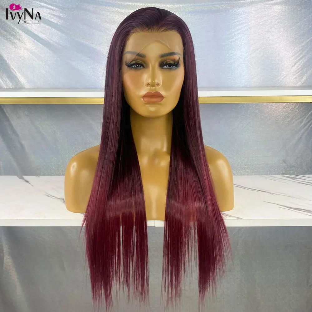 Ivyna-peluca larga de cabello sintético sedoso para mujer, sin pegamento, 13x4, encaje frontal, fibra resistente al calor, uso diario, 1B39