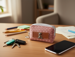 Porte-monnaie mini zippé compact pour femme avec dragonne en cuir synthétique microfibre rose à motifs - Product Image 2