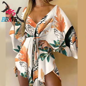Nuevo Estilo Vestido de Fiesta Irregular con Estampado Floral de Verano, Manga 3/4, Elegante y Sexy para Mujer, Cuello en V, Holgado, con Cordones y Cinturón - Product Image 3