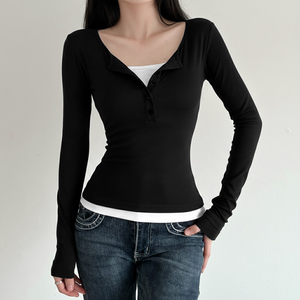 Suéter de Punto para Mujer 2025, Corte Ajustado, Manga Larga, Cuello en V, Color Sólido, Detalle de Botones, Estilo Casual Deportivo, Transpirable para Otoño - Product Image 5