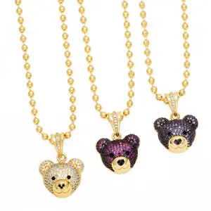 shiny jewelry for women men New 2023 Jewelry cute Bear Head Pendant Necklace hiphop gold beaded chain micro paved pendent bear