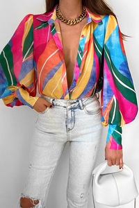 Camicia in chiffon a maniche lunghe con stampa floreale in stile coreano camicette con scollo a v profondo da donna top eleganti - Product Image 6