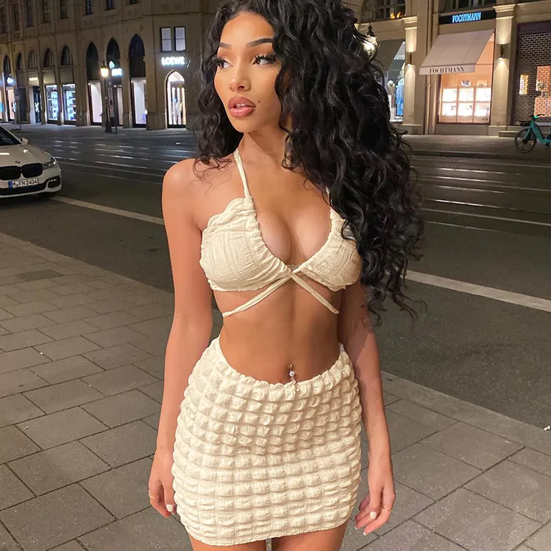 Lagerfe S248387G Plaid Lace Up Two 2 Piece Matching Set Crop Top Skirt Outfits Women 2022 Summer Clothing Fashion New Arrival
