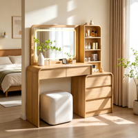Miroir de maquillage éclairé à panneaux minimalistes modernes avec bords arrondis et tiroir de rangement pour coiffeuse de chambre