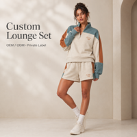 Conjunto de Dos Piezas OEM para Mujer, Sudadera de Algodón con Cierre de Cremallera, Color Marfil, con Paneles en Contraste Teal y Tan, y Pantalones Cortos Casuales de Verano
