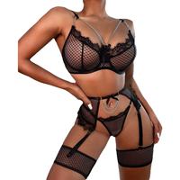 Set Lingerie Wanita Seksi Jaring Ikan Berenda dengan Rantai dan Pita, Garter Belt, Stoking, Pakaian Klub, Pakaian Tidur Boudoir