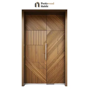 Prettywood Geometric Irregular Design 3D Finished Modern House Exterior Double Solid Wooden Front Entry Door For Houses