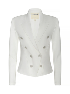 Blazer elegante blanco de doble botonadura para mujer, corte entallado con solapa con muescas y botones decorativos. - Product Image 6