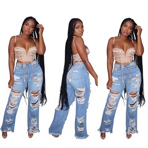 High Waist Ripped Distressed Denim <b>Jeans</b> <b>Women</b> Straight Leg Full Length Casual Style Cotton Fabric Streetwear Pants - Product Image 6