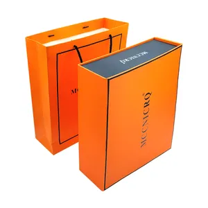 Custom Luxury Book Shaped Rigid Orange Paper Box Packaging Magnetic Gift Boxes With Folding Packing Bag Set