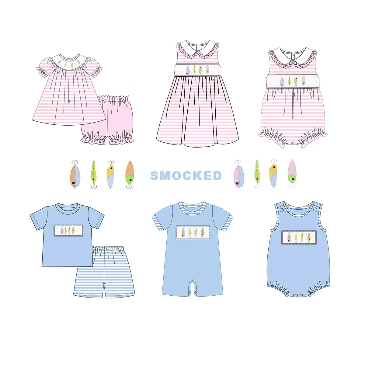 Puresun custom עיצובים קיץ תינוקת בגדי סטים קצר שרוול קפלי ילדי בגדים עם דיג פיתוי רקמה