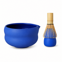 Ensemble de bols à matcha en céramique bleu Klein mat personnalisé avec bec verseur, Chawan japonais OEM avec bec verseur et support assorti pour fouet à matcha