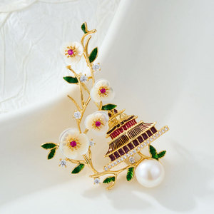 Chinese Style Plum Blossom Pavilion Brooch Copper Alloy Gold Plated Zircon Inlaid Freshwater Pearl Women's Fashion Accessory - Product Image 4