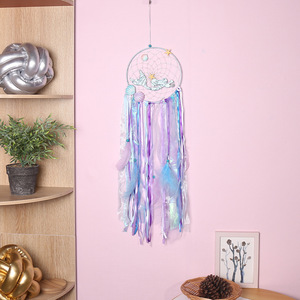 Graziosa decorazione da parete in stile angelo per bambini in tela di cotone Mori sirena acchiappasogni intrecciati a mano con piume - Product Image 4