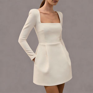 Elegant Customizable A-Line <b>Mini</b> Dress With Square Neck Long Sleeve Fitted Flared Hem Woven Polyester Casual Party Wear - Product Image 2