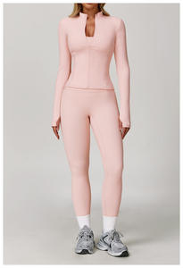 <b>Three</b> Piece Yoga Set <b>Quarter</b> Zip Racerback Crop Top High Waist Full Length <b>Pants</b> Seamless Breathable Solid Color ODM OEM - Product Image 2