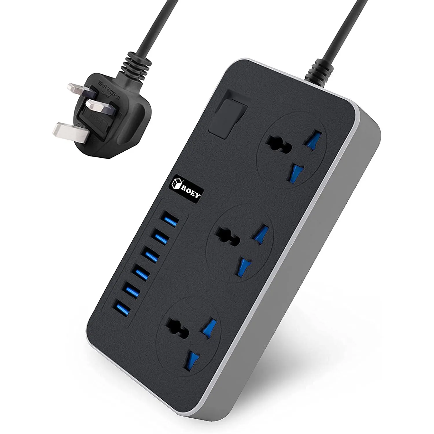 Universal Extension Lead with 6 USB Ports/2 Meter Cable Power Strip Surge Protector/3 Way Gang Power Socket