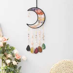 Natural Gemstone Agate Chakra Handmade Tree Of Life Moon Wind Chimes Dream Catcher Wall Hanging For Home