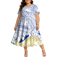 Gaun Midi Ruffle Bertingkat Motif Tato Tribal Frangipani Putih Biru Emas untuk Wanita, Lengan Pendek, Model Flowy, Cocok untuk Liburan di Pulau Pasifik dan Sehari-hari