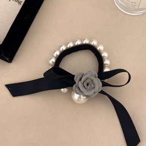 Coletero de Moda de Lujo Ligero con Lazo Negro y Flor, Diseño de Nicho Popular, Coleteros de Perlas para Mujer, Venta al por Mayor de Accesorios para el Cabello - Product Image 5