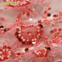 Tecido de renda para noiva, luxuoso, frisado, 3d, floral, rosa, máquina de cores, pérolas, lantejoulas, bordado, tecido para vestido de casamento