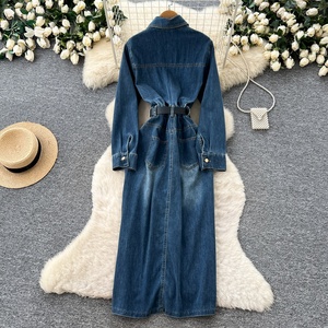 Abito in Denim Stile Retrò con Colletto a Risvolto per Donna, Vestito Aderente a Maniche Lunghe con Vita Stretta per la Primavera, Gonna da Ufficio - Product Image 4