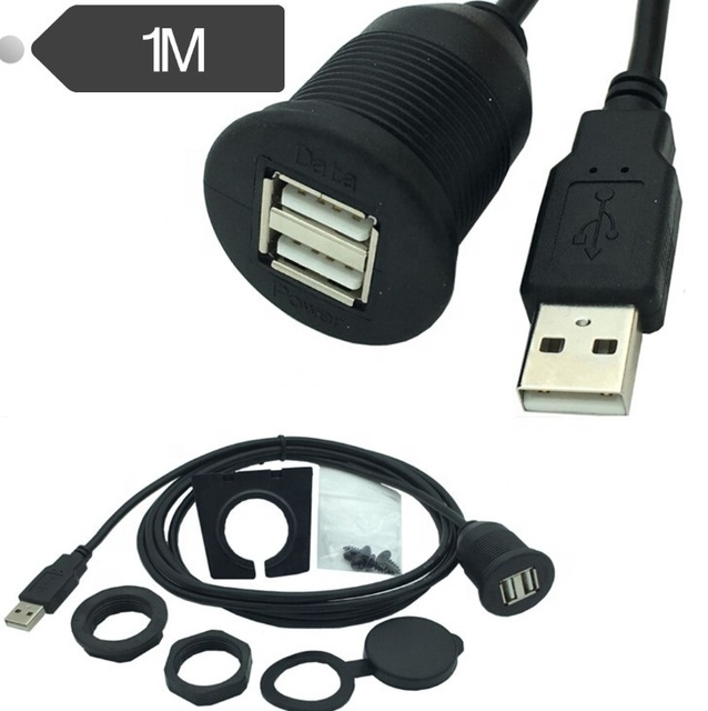 Dual Port AF to AM Waterproof USB Cable with Mounting Bracket for Car Audio Stereos