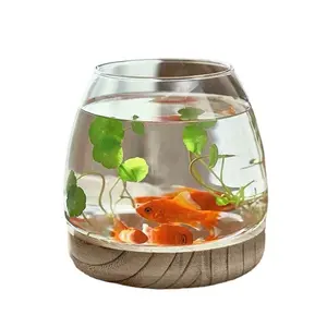 Оптовая продажа, стеклянная аквариумная круглая стеклянная ваза с деревянной подставкой для украшения дома