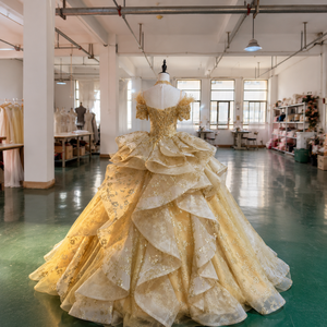 Mc020 Elegant Gold Quinceanera Gown Beaded Bodice Glitter Lace Applique Princess Ball Dress Tiered Party Natural for - Product Image 2