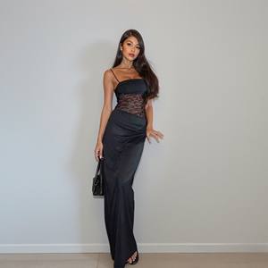 春夏 エレガント イブニング 無地 ボディコン ホルターネック シースルー レース レディース ミディ メッシュ ドレス - Product Image 2