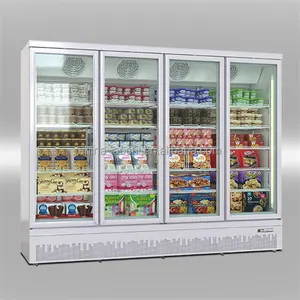 vertical upright glass door freezer refrigerator & fridges display showcase in retail supermarket