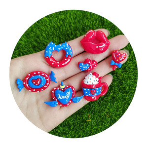 100 unids/lote cabujones rojos y azules con lunares blancos lindo Donut corazón piruleta labios caramelo helado artesanías para decoración de la caja del teléfono - Product Image 5