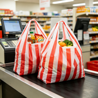 Sacs de courses en plastique HDPE jetables à poignées, rayés rouge-blanc, imprimés en héliogravure pour l'épicerie et la vente au détail