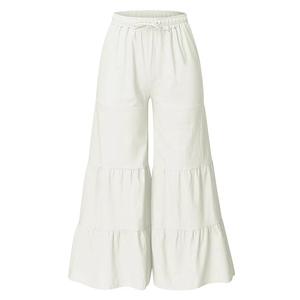 กางเกงขาบานลูกไม้สีทึบสำหรับผู้หญิงกางเกงเอวยางยืดสำหรับฤดูร้อนกางเกงทรงหลวมมีจีบ - Product Image 5