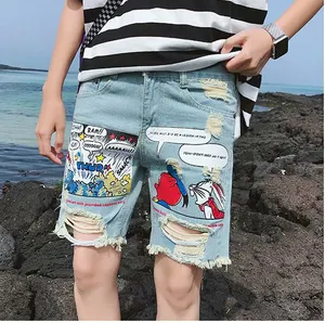 2024 élégant droit bleu évider impression Street Wear fermeture éclair surdimensionné grande taille jean Shorts pour hommes