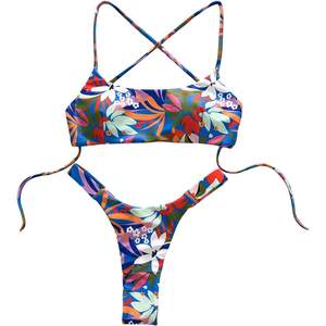 ชุดบิกินี่ลายดอกไม้สไตล์โบฮีเมียนสำหรับผู้หญิง สายคล้องคอไขว้ สายสปาเก็ตตี้ ทรงเว้าสูง ชุดว่ายน้ำสองชิ้น ผ้าเนื้อยืด - Product Image 3