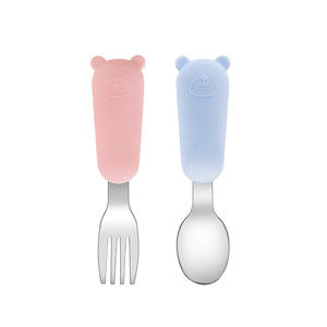도매 맞춤형 아기 수유 세트, 유아용 실리콘 곰 손잡이가 있는 316L 스테인리스 스틸 포크 스푼 - Product Image 1