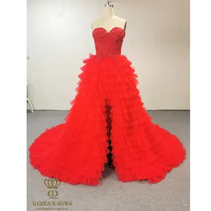 Kırmızı katmanlı elbise bölünmüş boncuk dantel elbise sevgiliye boyun çizgisi abiye kadınlar için