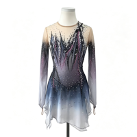 Robe de patinage artistique à manches longues avec dégradé violet-bleu et strass, dos découpé, pour filles et femmes