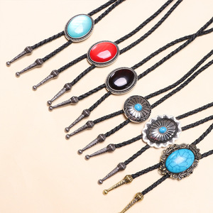 Men's Bolo Tie Black <b>Braided</b> Leather Oval Turquoise Pendant Western Style Casual <b>Accessory</b> - Product Image 2