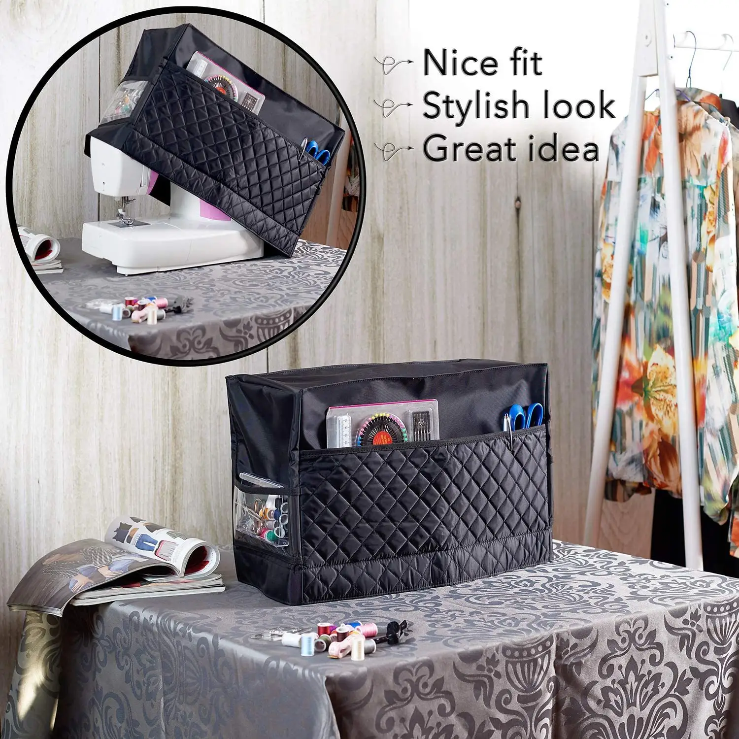 In Stock Durable Quilted Fabric Sewing Machine Cover Portable Sewing Machine Dust Cover With Pockets